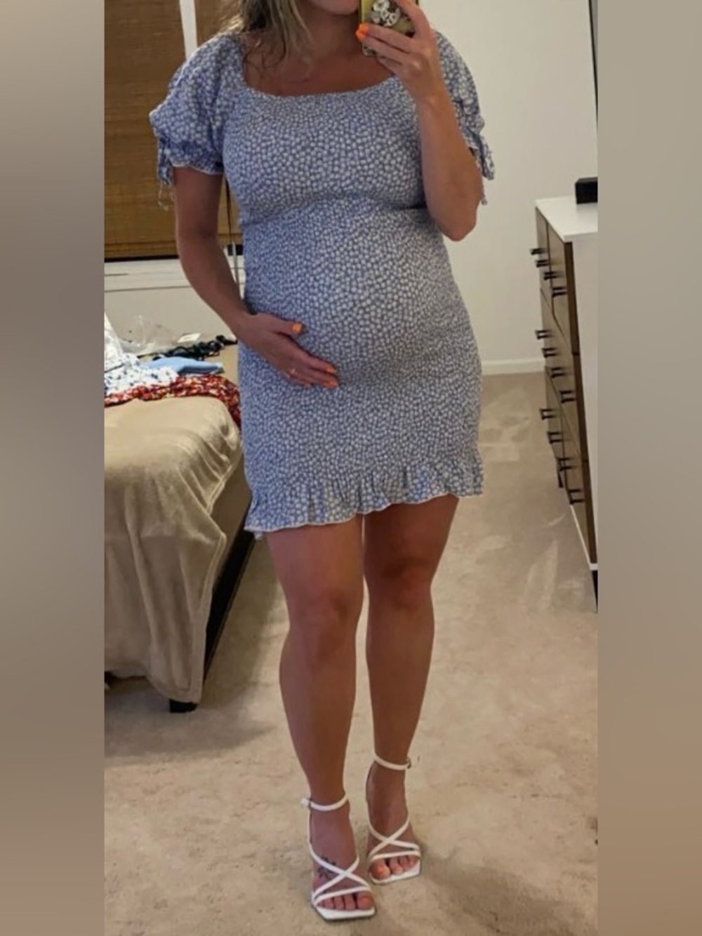 Blue Floral Square-Neck Maternity Mini stretch Dress